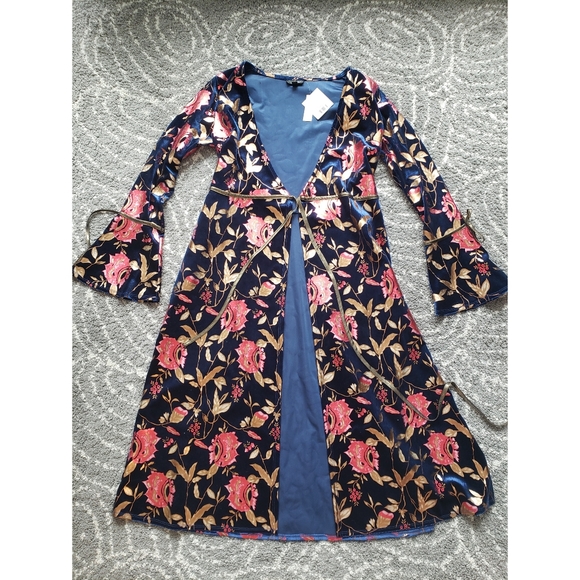 Topshop Foil Floral Plunge Wrap Dress Navy/Gold - Picture 5 of 10